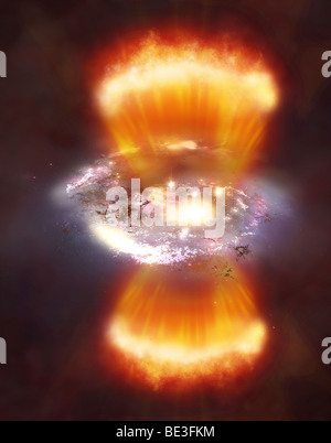 Concept de l'artiste d'une galaxie à l'intérieur d'un blob de l'hydrogène. Banque D'Images