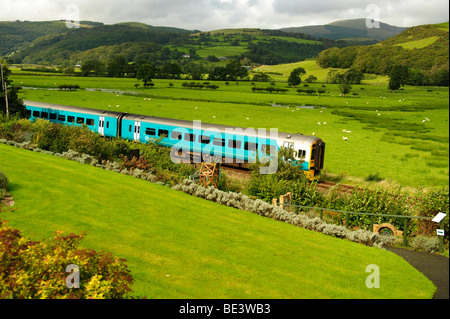 Pays de Galles arriva trains diesel voyageant le long de la ligne de chemin de fer dans la vallée Dyfi juste en dehors de Machynlleth Powys Pays de Galles UK Banque D'Images