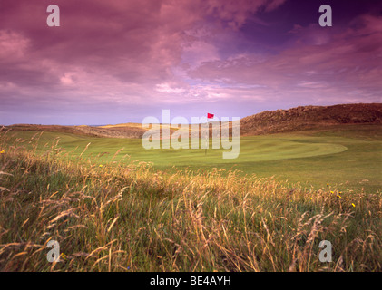 Green de golf et d'un drapeau, Machrahanish Ecosse Banque D'Images