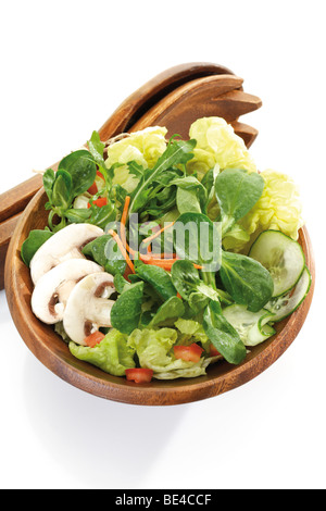 Salade Mixte, laitue, carottes, oignons, salade de maïs, champignons, concombres, salade couverts Banque D'Images