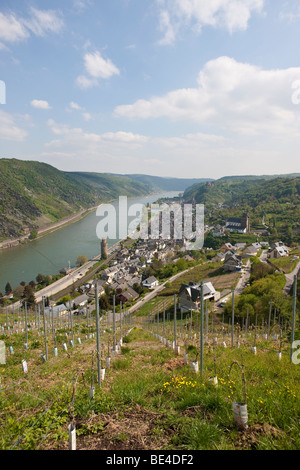 Vue sur le village viticole de Oberwesel am Rhein avec l'Winfried Persch Winery, l'église de Saint Martin et l'église de Notre D Banque D'Images