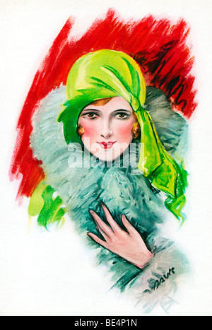 Visage d'un tambour, Art déco 1930 portrait d'une fille à propos de town, convenablement vêtus de plumes et capot Banque D'Images