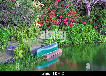 Étang avec canoë et jardin à Na Aina Kai Botanical Gardens. Kauai, Hawaii Banque D'Images