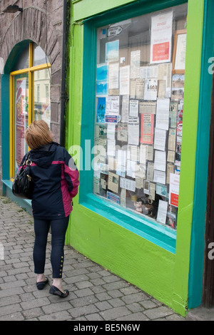 Femme lisant des avis dans une vitrine Banque D'Images