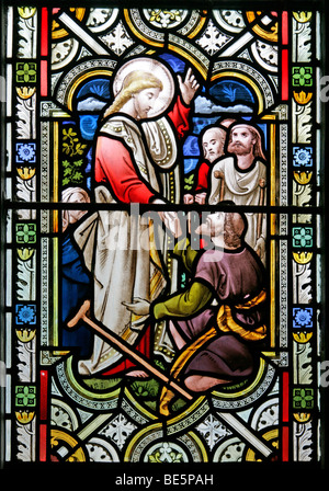 Vitrail représentant des miracles de Jésus, saint Jean l'Église baptiste du Sud, Carlton, Lincolnshire Banque D'Images