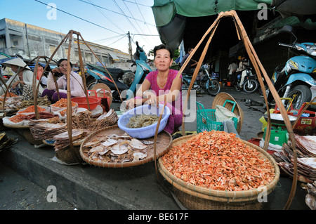 Des femmes vendent du poisson séché et la crevette, de la rue du marché, Vinh Longh, Delta du Mékong, Vietnam, Asie Banque D'Images