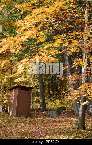 Maison ancienne à l'automne. Les feuilles d'automne un vieux châssis basculant brown outhouse. Lac Barnes, Thorne, Québec, Canada Banque D'Images