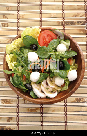 Salade Mixte, laitue, carottes, oignons, salade de maïs, champignons, concombre, mozzarella, olives Banque D'Images