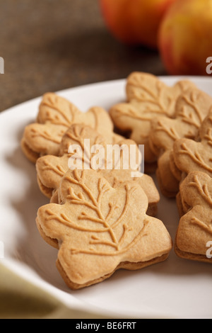 Cookies remplis avec Maple Tree design on white plate Banque D'Images