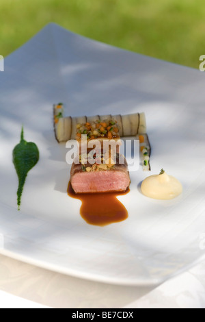 Sole aux épinards et crème de truffe, sauce hollandaise plat par le chef Hans Neuner, l''hôtel Vila Vita Parc, Algarve, P Banque D'Images