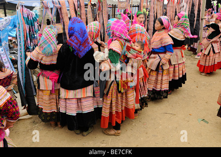 Les femmes de la minorité Hmong fleurs de montagne, tribu, du shopping au marché de Bac Ha, Ha Giang, Province du Nord du Vietnam, Asie Banque D'Images