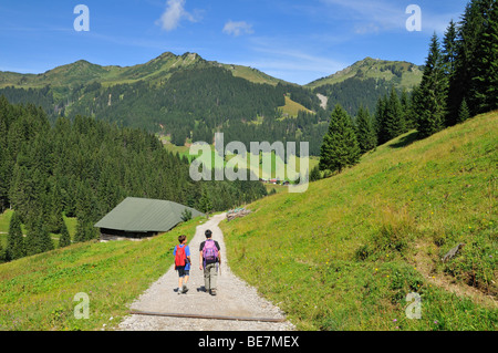 Randonnée sur le sentier panoramique dans la vallée de Kleinwalsertal, Baergunttal, peu Vallée Walser, Vorarlberg, Autriche, Alpes Allgaeu Banque D'Images