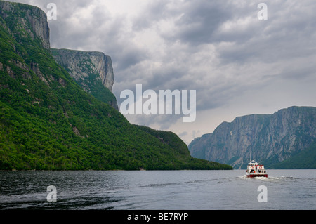 Les falaises abruptes de fjords intérieurs à l'étang Western Brook excursion en bateau au parc national du Gros-Morne à Terre-Neuve Banque D'Images