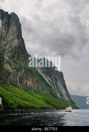 L'étang Western Brook excursion en bateau avec falaise abrupte fjords au parc national du Gros-Morne à Terre-Neuve Banque D'Images