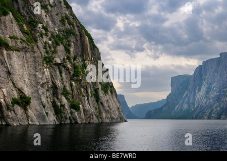 Nuages sur mur raide de roche ignée à l'étang Western Brook fjord intérieur au parc national du Gros-Morne à Terre-Neuve Banque D'Images