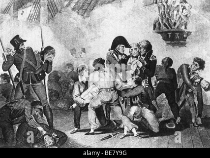 Décès de Nelson à la bataille de Trafalgar en 1805 à partir d'une gravure contemporaine Banque D'Images