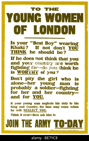 Première Guerre mondiale - affiche de recrutement britannique tente de chantage en exhortant les femmes près de leurs hommes pour rejoindre Banque D'Images