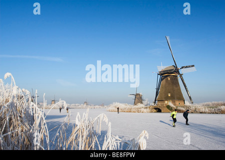 Schaatsers schaatsen langs de molens van Kinderlijk ; patineurs patiner le long des moulins à vent de Kinderdijk Banque D'Images