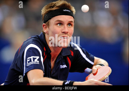 Le champion européen Michael MAZE, Danemark, tennis de table EM 2009, Porsche-Arena, Stuttgart, Bade-Wurtemberg, Allemagne, Europe Banque D'Images