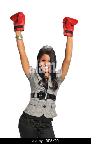 L'expression femme victoire boxing isolé sur fond blanc Banque D'Images