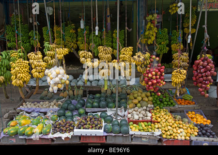 Étal de fruits tropicaux colorés le long d'une route de campagne au Sri Lanka Banque D'Images