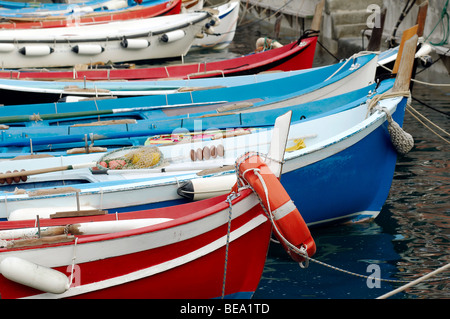 Un chat dort sur les bateaux de pêche traditionnels à Riomaggiore, La Spezia, Ligurie, dans le nord-ouest de l'Italie. Banque D'Images