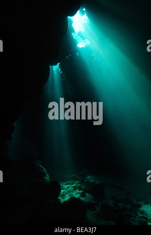 Flux de rayons de lumière à l'intérieur d'une grotte sous-marine, Mer Rouge Banque D'Images