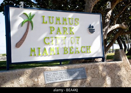 Panneau pour le parc Lummus on South Beach Banque D'Images