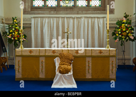 Wheatsheaf de pain en face de l'autel dans l'église prieurale St Marys lors d'Abergavenny Food Festival Monmouthshire South Wales UK Banque D'Images