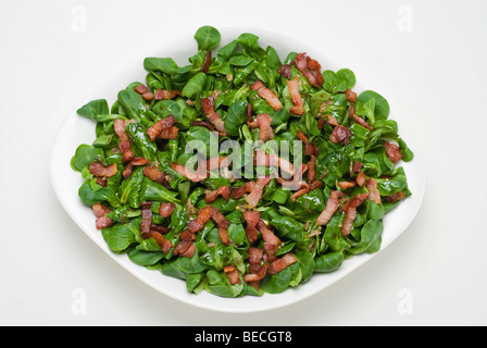 Salade de champ (Valerianella locusta) avec bacon grillé Banque D'Images