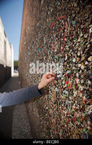 La main de l'homme collant bubble gum sur un mur, Bubble Gum Alley, San Luis Obispo, Californie, USA Banque D'Images