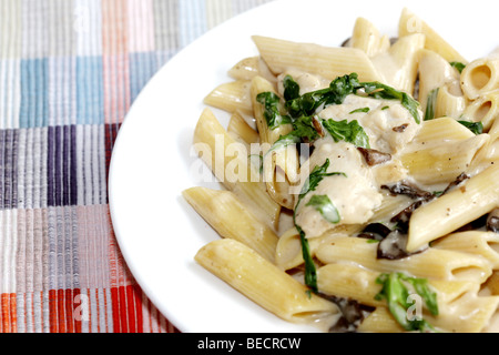 Poulet rôti à l'italienne et aux champignons sauvages et aux épinards Repas de pâtes avec aucun peuple Banque D'Images