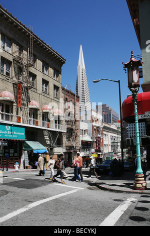 Groupe de personnes dans un marché, la Transamerica Pyramid, Chinatown, San Francisco, California, USA Banque D'Images