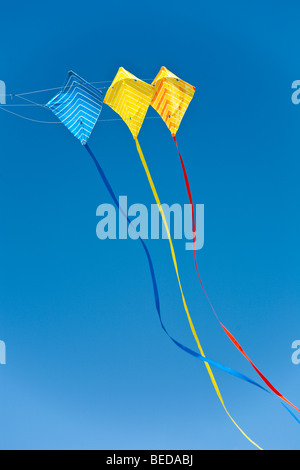 Multi-couleur Triple kite avec une longue queue battant dans ciel bleu profond. Banque D'Images