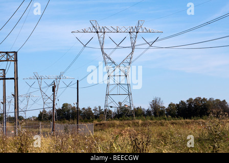 Un coup d'automne d'utilité publique les tours de transmission électrique. Les tours d'acier sont dans le pays. Banque D'Images