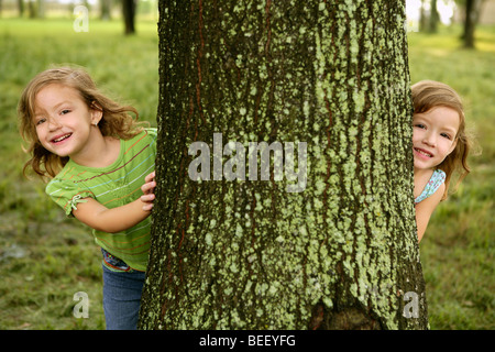 Lits petite soeur de jeunes filles, jouant sur l'arbre du parc piscine Banque D'Images