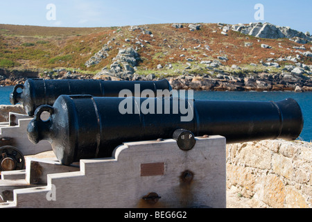 Cannon sur Cromwell's Castle, Tresco, Îles Scilly Banque D'Images