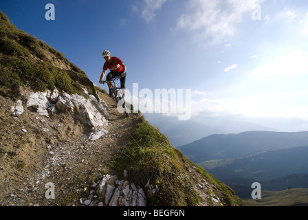 Une des promenades en vélo de montagne un singletrack trail à La Plagne, dans les Alpes françaises. Banque D'Images