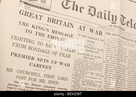 La Grande-Bretagne en guerre gros titre de journal de septembre 1939 au début de la Seconde Guerre 2 tel qu'imprimé dans le Daily Telegraph 4.9.1939 Banque D'Images