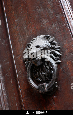 Un heurtoir en forme de tête de lion sur une porte en bois à Florence ou Firenze dans la région toscane de l'Italie Banque D'Images