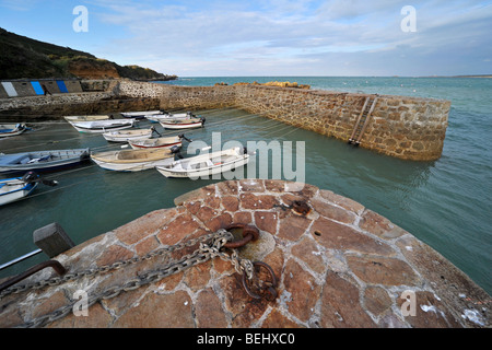 De petits bateaux à Port racine, le plus petit port de France à Saint-Germain-des-Vaux, Normandie Banque D'Images