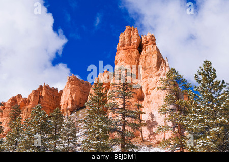 Des formations rocheuses et de poudreuse le long de la boucle Navajo, Bryce Canyon National Park, Utah Banque D'Images