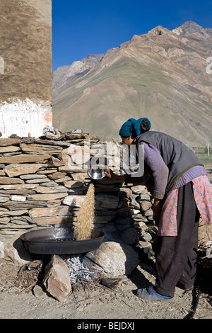 Woman toasting Tsampa (grains entiers). Rangdom village. Zanskar. Himalaya. L'Inde Banque D'Images