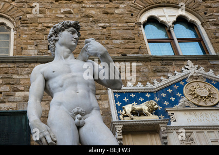 Le David de Michelangelo et le Palazzo Vechhio, Florence, Italie Banque D'Images