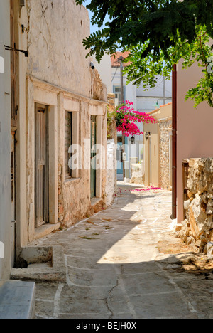 Une belle vue sur la ruelle étroite au coeur du petit village historique de Halki. Halki, Tragaea, Naxos, Cyclades, Grèce... Banque D'Images