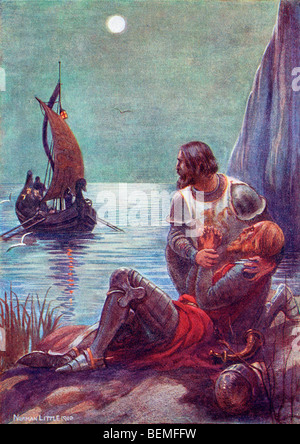 La mort du roi Arthur. Illustration de l'album couleur La Passerelle à Tennyson publié 1910. Banque D'Images