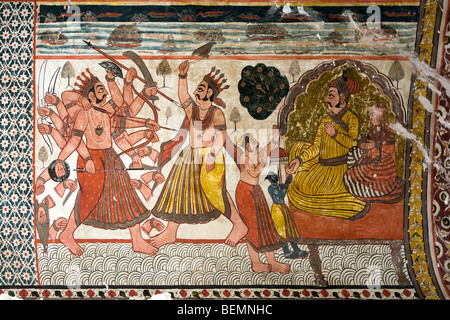 Peintures murales dans les chambres Royales, le Raja Mahal aka King's Palace, Orchha fort complexe, Inde Banque D'Images