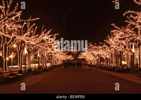 Les lumières de Noël sur le boulevard "Unter den Linden" à Berlin, avec la porte de Brandebourg (Brandenburger Tor) en arrière-plan. Banque D'Images