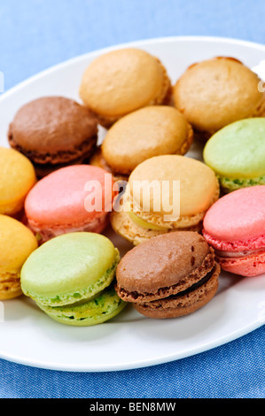 Macaron cookies multicolores frais servis sur une plaque Banque D'Images