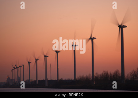 Moulins à vent au coucher du soleil, Belgique Banque D'Images